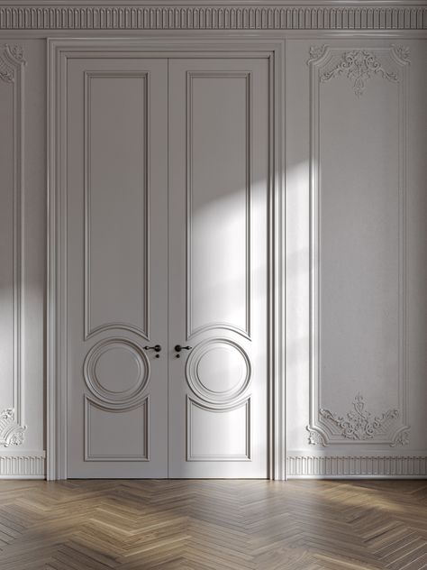 MONOLIT on Behance Classic Doors Design, Wardrobe Door Design Modern, Classic Wall Paneling, Classic Door Design, Modern Neoclassical Interior, Art Deco Style Interior, Living Room Cozy, Interior Door Styles, Garage Door Styles