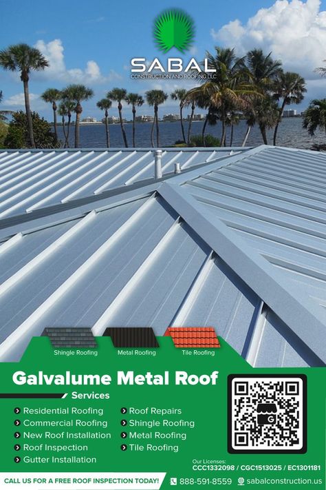 A Galvalume metal roof is an ideal choice for your home or business in Florida, as it can withstand the harsh weather conditions, such as heavy rain, strong winds, hurricanes, and high temperatures. If you are interested in installing a Galvalume metal roof on your home or business or need Galvalume metal roof maintenance services, please contact us today at ☎️ (888) 591-8559 for FREE estimate. Galvalume Metal Roof, Galvalume Roof, Metal Roof Installation, House Roof Design, Roof Inspection, Roof Maintenance, Metal Roofing, Roof Installation, Sanibel Island