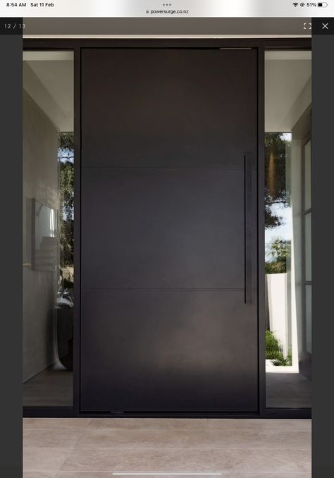 Cool Doors Entrance, Big Front Doors Modern, Black Entrance Door Modern, Black Modern Entry Door, Modern Metal Front Door, Black Front Door Inside Entryway, Modern Front Door Black, Black Door Exterior Front Entry, Black Doors Exterior Front Entry