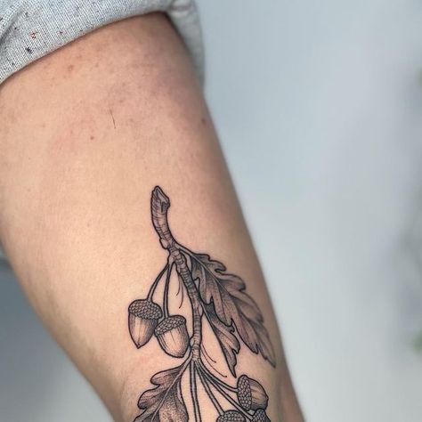 𝐋𝐨𝐳𝐳𝐲 𝐁𝐨𝐧𝐞𝐬 on Instagram: "Acorns and oak leaves for Michael 🌿 Made at @heartofglasstattoo - little burnt out at the moment lads so my emails have suffered, I’ve still got leamington spa and Leeds to book so those waiting on a response you’ll get one soon ♥️ apologies for the delay" Tree Limb Tattoo, Oak Acorn Tattoo, White Oak Leaf Tattoo, Oak Branch Tattoo, Fall Foliage Tattoo, Oak Tree Leaf Tattoo, Oak Leaves Tattoo, Oak Leaf Tattoo, Goose Tattoos