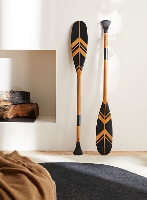 Wall Decor | Interior | Fabrique 1840 | Simons Painted Oars, Paddle Decor, Painted Paddles, Black Shapes, Beaver Tails, Wavy Mirror, Cottage Signs, Le Duo, Water Based Acrylic Paint