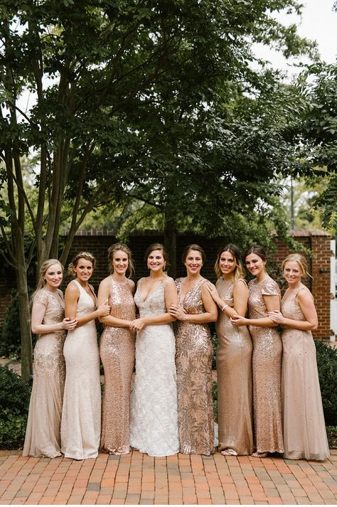 Shades Of Gold Bridesmaid Dresses, Different Shades Of Gold, Women Standing, Gold Wedding Dress, Sequin Bridesmaid, Gold Bridesmaid Dresses, Mismatched Bridesmaids, Gold Bridesmaids, Sequin Bridesmaid Dresses