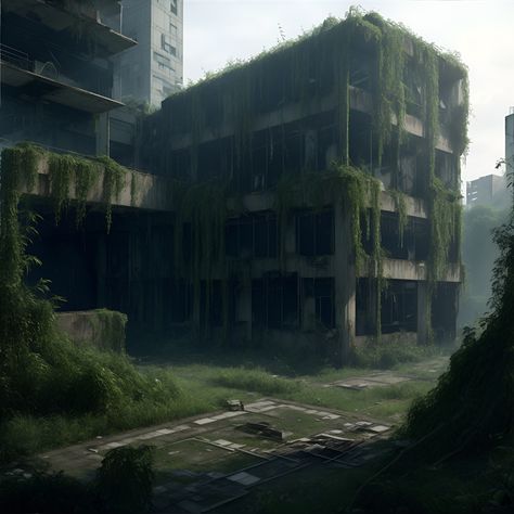 Paintings Of Abandoned Buildings, Abandoned Building In Forest, Overgrown Building Aesthetic, Abandoned Overgrown City, City Overtaken By Nature, City Reclaimed By Nature, Abandoned Office Building, Abandoned City Concept Art, Over Grown City