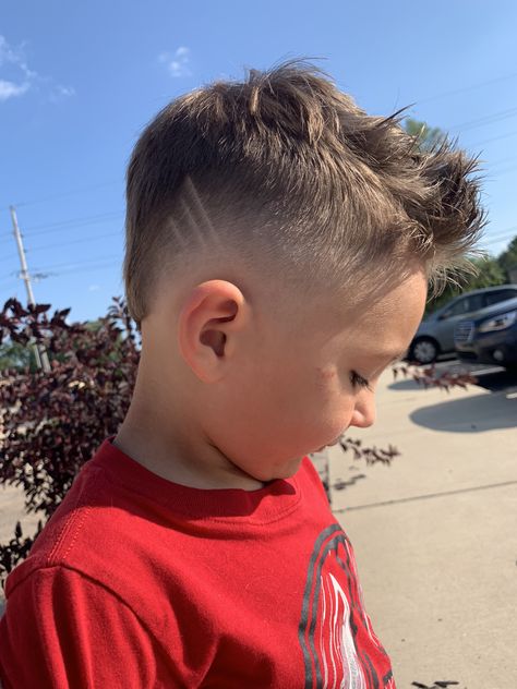 Kids Fohawk Haircut Short, Mohawk Toddler Boy, Toddler Boy Haircut With Design, Little Boy Mowhawk Haircuts, Little Boy Mullet Haircut Toddler, Kid Mullets Boys, Fohawk Haircut Fade Mullet, Burst Fade Mohawk Boys, Modern Mullet Toddler Boy