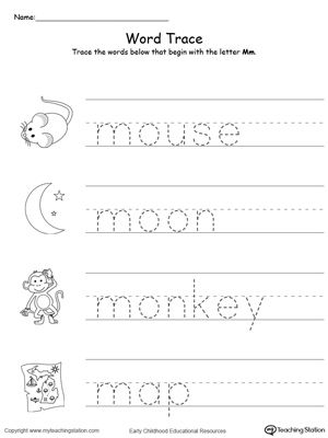 Teach the beginning letter sound by tracing and saying the name of the matching picture while providing opportunities for your child to improve their fine motor skills in this printable worksheet. M Words Preschool, Learning Letter Sounds, Letter M Worksheets, Word Tracing, Handwriting Worksheets For Kids, Letters M, Printable Alphabet Worksheets, Letter Sound, Alphabet Worksheets Preschool