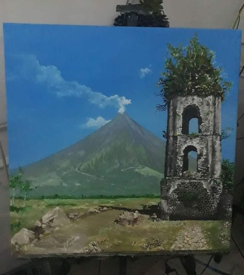 Mayon Volcano ,Cagsawa Ruins Painting Oil on canvas 20" x 20" Philippines Painting, Ruins Painting, Volcano Painting, Volcano Drawing, Dream Penthouse, Volcano Projects, Mayon Volcano, Oil Painting Background, Coffee Painting