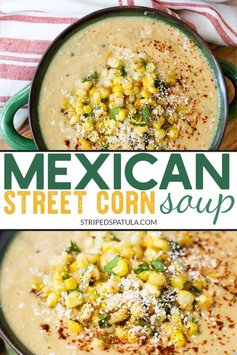 If you love Mexican Street Corn, you’ll love this easy soup recipe! Mexican Street Corn Soup uses all of the classic flavors of eltotes—cotija cheese, cilantro, sour cream, and lime—in a creamy summer soup. #souprecipes #corn Mexican Street Corn Soup, Street Corn Soup, Easy Soup Recipe, Recipe Mexican, Summer Soup, Meal Prep Plans, Summer Corn Salad, Corn Soup, Mexican Street Corn