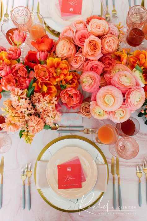 Sunset Blush Wedding, Pink Peach Orange Wedding, Coral And Orange Wedding, Pink And Orange Wedding Centerpieces, Coral Bridal Shower Ideas, Coral Centerpieces Wedding, Pink And Orange Wedding Theme, Peach Wedding Florals, Pink And Orange Wedding Flowers