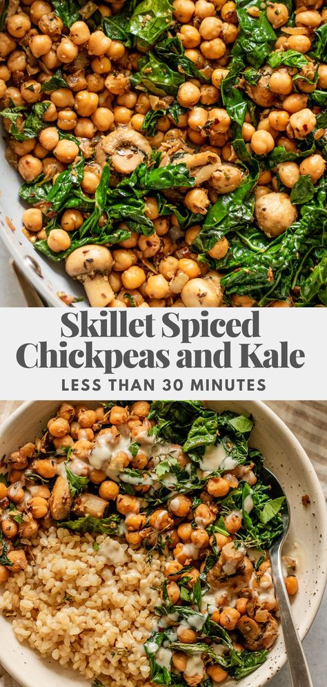 Vegan Skillet, Healthy Vegan Dinner Recipes, Nourish Bowl, Healthy Vegan Dinner, Fresh Eats, Quick Easy Vegan, Power Bowl, Spiced Chickpeas, Sauteed Kale