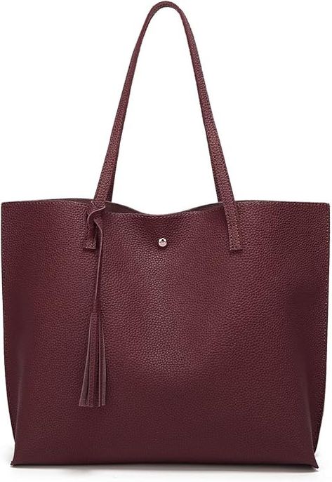 Amazon.com: Dreubea Women's Soft Faux Leather Tote Shoulder Bag from, Big Capacity Tassel Handbag Dark Red : Clothing, Shoes & Jewelry Bag Twilly, Red Clothing, Red Tote Bag, Soft Pink Color, Red Tote, Perfect Bag, Womens Tote, Tote Handbags, Dark Red