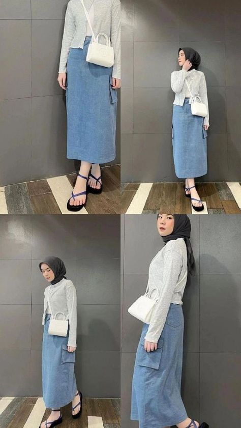 Rok Jeans Hijab Ootd, Ootd Rok Jeans Hijab, Ootd Rok Jeans, Outfit Hijab Casual Rok, Style Hijab Casual, Outfit Hijab Casual, Stylish Outfits Casual, Style Hijab, Casual Hijab Outfit