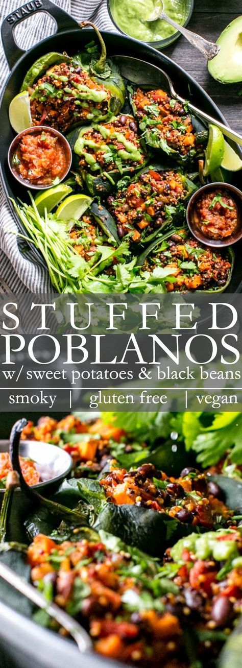 A flavor packed Mexican quinoa recipe, Roasted Stuffed Poblanos with Smoky Quinoa Sweet Potatoes and Black Beans are hearty, nourishing and packed with warming spices. These vegetarian stuffed peppers pair deliciously with avocado cream for dippin’ or slatherin’. #HealthyStuffedPeppers #VegetarianStuffedPeppers #VeganStuffedPeppers #VeganDinner (ad) Sweet Potatoes And Black Beans, Stuffed Poblanos, Vegetarian Stuffed Peppers, Quinoa Sweet Potato, Mexican Quinoa, Mexican Flavors, Healty Dinner, Quinoa Recipe, Chile Poblano