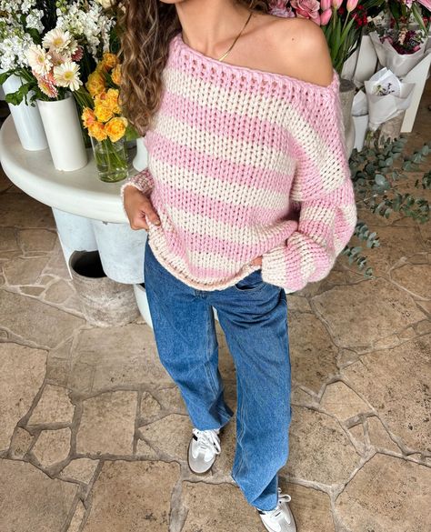 Winter essential: our most loved Bea Sweater 💌 Pink Striped Sweater, Baby Pink Sweater, Pink Sweater Dress, Coffee Dates, International Clothing, Clothing Pieces, Off Shoulder Fashion, Beginning Boutique, Long Sleeve Knit Tops