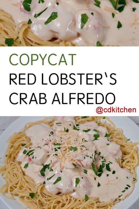 Copycat Red Lobster's Crab Alfredo - Now you can copy the delicious alfredo sauce served at Red Lobster. It's an easy cream sauce made with fresh crab and served over pasta. You can easily vary the recipe and substitute lobster, shrimp, chicken, or broccoli for the crab meat. | CDKitchen.com Purée Meals, Crab Alfredo Recipe, Can Crab Meat Recipes, Easy Cream Sauce, Crab Alfredo, Chicken Parmesean, Canned Crab Meat, Red Lobsters, Alfredo Sauce Recipe Easy