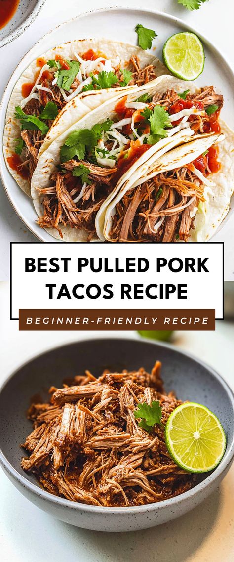 Image for Best Pulled Pork Tacos Recipe Pork Shredded Tacos, Taco Pulled Pork, Mexican Pork Taco Recipes, Street Tacos Recipe Pork, Pulled Pork Tacos Crock Pot Recipes, Pulled Pork Tacos With Slaw, Fast Pulled Pork, Pork Tacos Mexican, Pork Tacos With Slaw