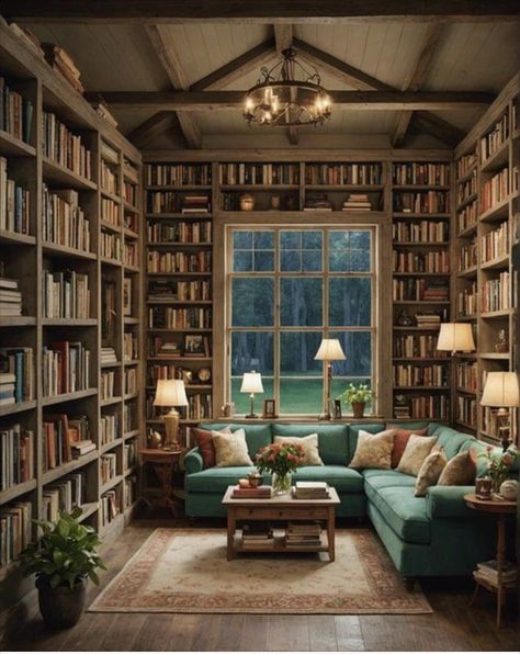 Dream Library Cozy, She Shed Library, Staircase Books, Small Library Room, House Amenities, Farmhouse Library, Design Bookshelves, Wellness Office, Garage Lighting Ideas