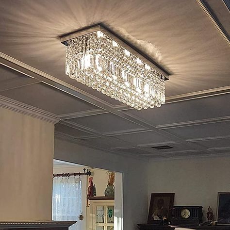 Flush Mount Rectangular Lighting, Rectangular Crystal Chandelier, Flush Chandelier Living Room, Small Chandelier Dining, Rectangle Chandelier Dining Room, Rectangular Chandelier Dining Rooms, Flush Mount Chandeliers, Flush Chandelier, Pvc Ceiling Design