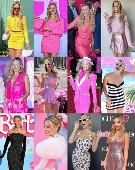 Barbie’s Outfits From The Movie, Barbie Make Up Margot Robbie, Barbie Event Outfits, Barbie Press Tour Outfits, Barbie Movie Characters Outfits, Barbie Margot Robbie Outfits, Barbie Outfits Margot Robbie, Barbie Movie Outfits Margot Robbie, Barbie Characters Outfits