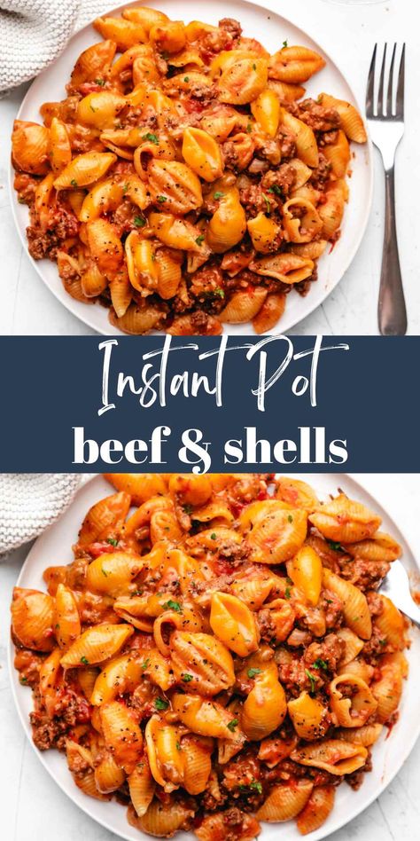 Easy Instant Pot Beef and Shells recipe! This easy, one-pot recipe turns ground beef and pasta into a creamy, cheesy dinner! 6qt Instant Pot Recipes, Southern Instant Pot Recipes, Instant Pot Meals Families, Instapot Pasta Recipes, Quick Instant Pot Dinners, Easy Instant Pot Recipes For Beginners, Install Recipes, Instant Pot Recipes Beef, Creamy Shells And Beef