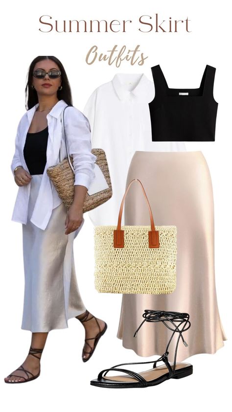 Beach Women Outfits, Modest Beach Outfit, Straw Bag Outfit, Beige Bags, Silk Skirt Outfit, Pool Outfits, Skirt Outfits Summer, Beach Vacation Outfits, White Linen Shirt