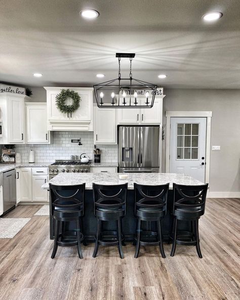 Grey Walls With White Cabinets, Grey Walls White Trim, Black And Grey Kitchen, Grey Kitchen Walls, Black Kitchen Island, Gray And White Kitchen, Grey Countertops, Kitchen Wall Colors, Bear Creek