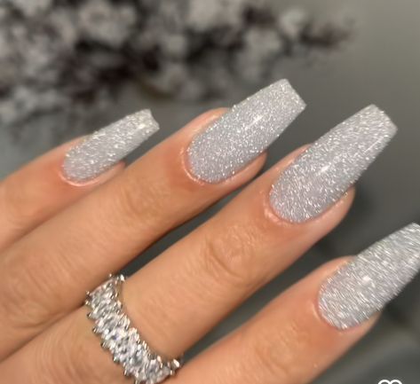 Sliver Sparkly Acrylic Nails, Silver Sparkly Nails Acrylic Coffin, Sparkly Grey Nails, Shiny Nails Glitter Silver, Glitter Silver Nails, Prom Nails Acrylic Silver Glitter, Prom Nails Silver Glittery, Formal Nails, Silver Glitter Nails