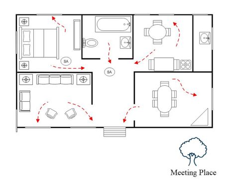 Safety Access Plan with Meeting Place | EdrawMax Free Editable Template Emergency Escape Plan, Evacuation Plan House, Emergency Planning, Fire Escape Plan, Hazard Map, Emergency Evacuation Plan, Line Art Projects, Evacuation Plan, Community Signs