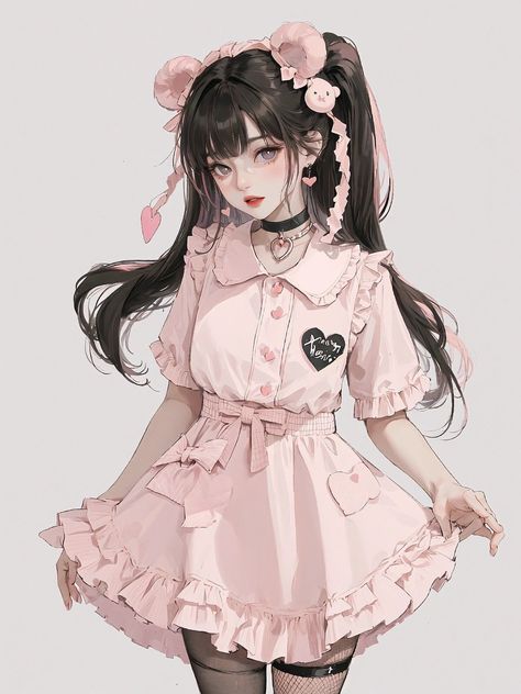 Anime Pink Outfit, Anime Fashion Outfits, Cute Anime Outfits, Pink Twitter, Anime Inspired Outfits, Japan Girl, Digital Art Anime, Beautiful Drawings