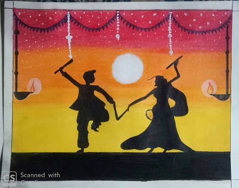 Navratri Drawing Painting, Navratri Chart Ideas For School, Dandiya Painting, Navratri Painting Ideas Easy, Navratri Rangoli Ideas, Dandiya Drawing, Navaratri Drawings, Navratri Painting Ideas, Navratri Drawing Ideas