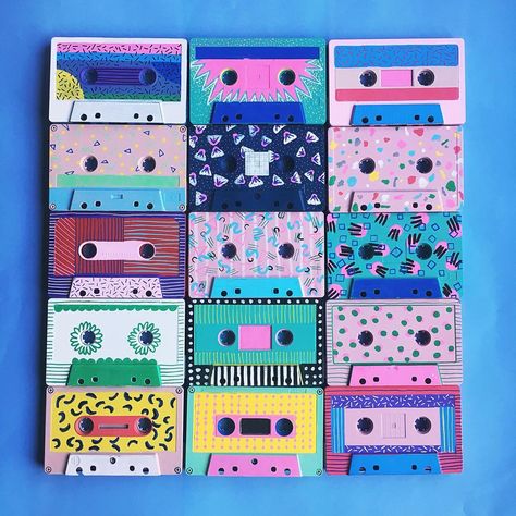 Wooden Flamingo on Instagram: “I wanted to see how the tapes would look as a big collection (not in mini collections of 3). I’m finding it rather creatively draining…” Cassette Tape Art, Retro Painting, Tape Painting, Tape Art, Musical Art, Unique Paintings, Mellow Yellow, Cassette Tapes, Art Plastique