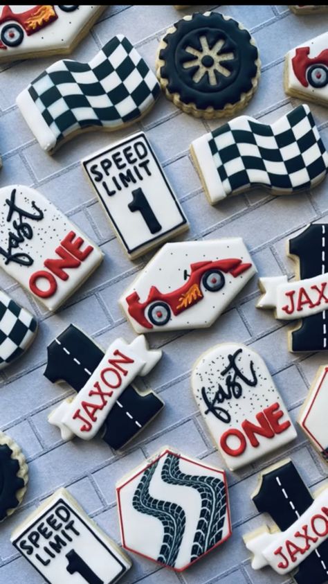 First Trip Around The Track Birthday, Fast One Birthday Food Ideas, Racecar Cupcakes Ideas, Fast One Birthday Cupcakes, Racecar 1st Birthday, Baby First Birthday Themes, First Birthday Cookies, 2nd Birthday Party For Boys, Boys First Birthday Party Ideas