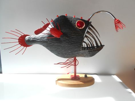 Woodworking Items That Sell, Fish Lamp, Nz Art, Wood And Steel, Paper Mache Sculpture, Childrens Drawings, Fish Sculpture, Angler Fish, Metal Tree