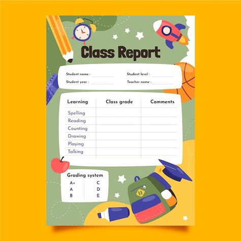 Hand drawn report card template | Premium Vector #Freepik #vector #report-card #list-template #explanation #list School Report Card, Report Card Comments, Learn Hand Lettering, Homeschool Preschool Activities, Report Card Template, Illustrator Design Tutorial, Illustrator Design, Report Card, Classroom Rules