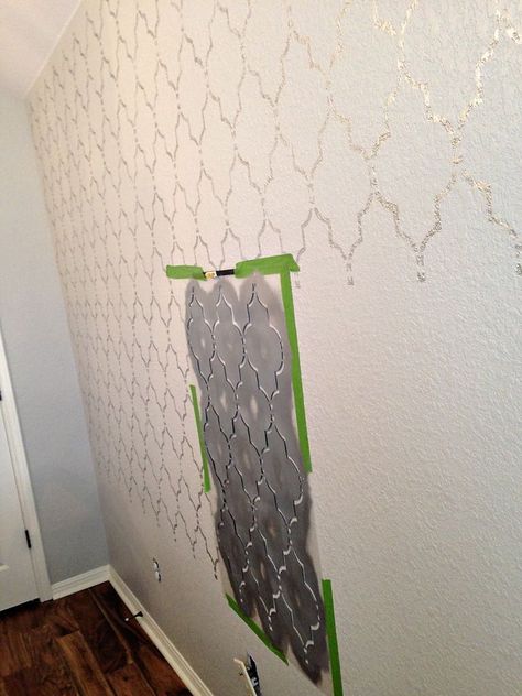 A Marrakech trellis stenciled accent wall in a girl's bedroom. www.cuttingedgest... Kitchen Shiplap, Trellis Stencil, Moroccan Stencil, Repose Gray, Accent Wall Ideas, Wallpaper Bathroom, Brick Stone, Trendy Living Rooms, Wallpaper Accent Wall