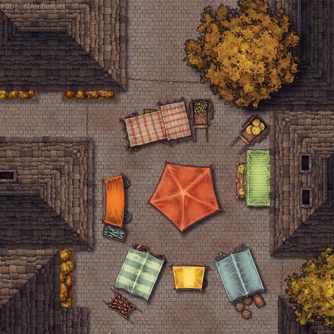 |Dungeons and Dragons map| In the heart of the small city lies a bustling food market, where stalls of diverse meet and fruit and aromatic spices line the cobblestone streets. | Subscribe to my Patreon for more maps for your games😁| Market Map Dnd, Map Layout, Map Store, Dnd Maps, Cobblestone Streets, Small City, Market Stalls, Outdoor Market, City Market