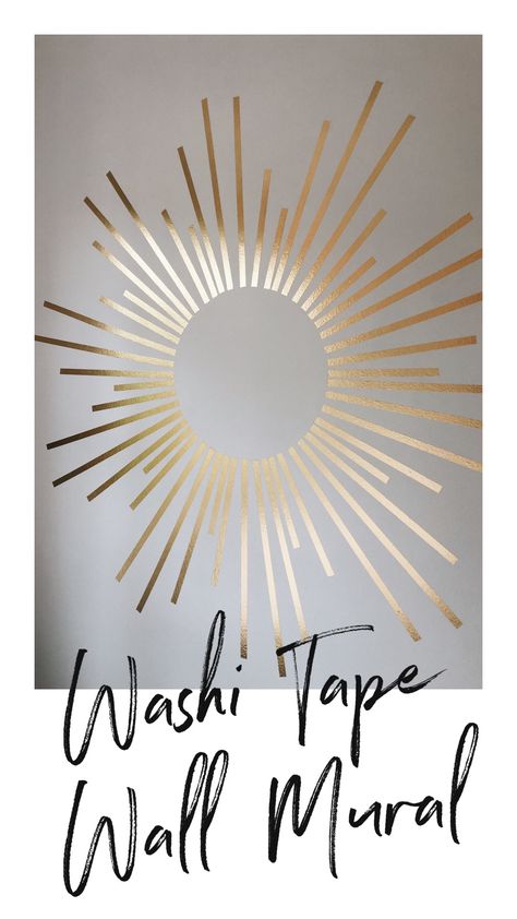 Washi Tape Sun Wall mural made with gold washi tape Washi Tape Accent Wall Diy, Washi Tape Home Decor, Washi Tape Wall Design, Decorating With Washi Tape Ideas, Using Tape To Paint Designs, Washi Tape On Walls, Gold Sharpie Wall, Diy Sun Wall Decor, Diy Boho Wall Mural