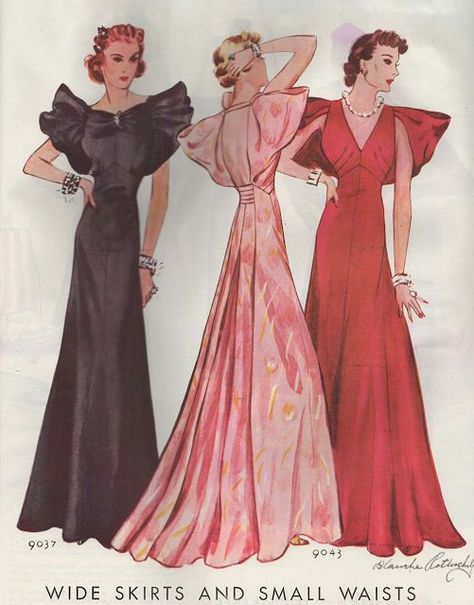 These formal gowns from December 1936 feature extra-wide skirts, narrow waists and eye-catching sleeves. Such a thrilling and elegant movie-star quality! Enjoy this eye candy as a way to de-stress fro Fashion Through The Decades, Vintage Fashion 1930s, 1930 Fashion, Party Frocks, 30s Fashion, Fur Coat Vintage, 20th Century Fashion, Vintage Dress Patterns, 1930s Fashion