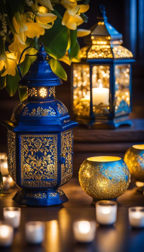 Decooration - luxuory candles in gold and blue - AI creation Blue And Gold Christmas, Nice Photography, Candle Arrangements, Eternal Flame, Turkish Lamps, Allah Photo, 18th Century Fashion, Royal Blue And Gold, Dont Touch My Phone Wallpapers