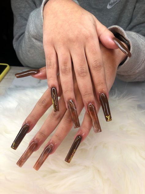 Clear Brown Nails, Brown Baddie Nails, Nude Brown Nails, Brown Marble Nails, Melanin Nails, Long Oval Nails, Lv Nails, Xxl Nails, Oval Nails Designs