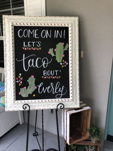 Taco About A Baby, Big Chalkboard, Baby Shower Decorations Ideas, Chalkboard Window, Mexican Theme Baby Shower, Baby Shower Chalkboard, Mexican Baby Shower, Fiesta Bridal Shower, Sprinkle Shower