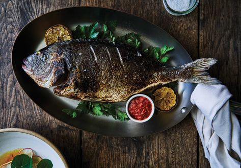 Sea Bream Recipes, Shrimp Toast, Romesco Sauce Recipe, Whole Fish, Sea Bream, Romesco Sauce, Sunset Magazine, Toasted Almonds, Delicious Dishes