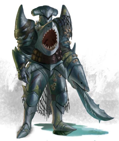 Dnd Wereshark, Shark Knight Armor, Shark Knight, Shark Armor Concept Art, Shark Warrior Character Art, Shark Folk Dnd, Fish Folk Art, Monster Shark Fantasy Art, Mech Robot