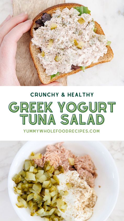 Easy Tuna Salad with Greek Yogurt Recipe - Yummy Whole Food Recipes Tuna Salad Recipe Greek Yogurt, Tuna With Greek Yogurt Recipes, Tuna Salad Recipe Healthy Greek Yogurt, Easy Healthy Tuna Salad, Healthy Tuna Salad Greek Yogurt, Easy Tuna Lunch Ideas, Tuna Salad Greek Yogurt, Tuna Greek Yogurt, High Protein Tuna Salad