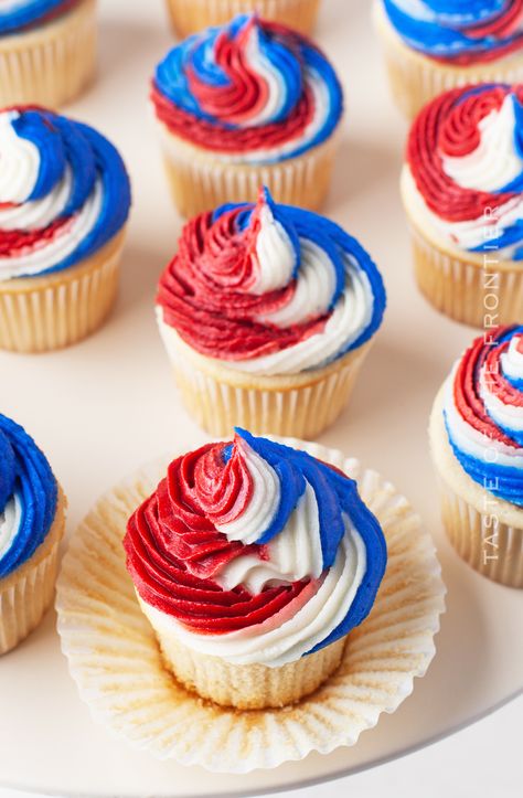 Whether you're hosting a Fourth of July barbecue or a Memorial Day picnic, these Red White, and Blue Cupcakes are sure to be a hit. Red White Blue Cupcakes, Red White And Blue Cupcakes Ideas, 4th Of July Desserts Cupcakes, 4th Of July Cupcake Ideas, July 4th Cupcakes, Fourth Of July Cupcakes, Red White And Blue Cupcakes, White And Blue Cupcakes, Memorial Day Picnic