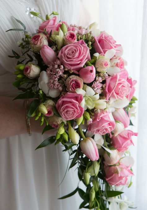 Pink & Ivory Waterfall Bouquet (created by Elaine Sturges Flowers, Newport Pagnell, MK) Waterfall Bouquet, Wedding Bucket, Ivory Bridal Bouquet, Newport Pagnell, Backyard Wedding Dresses, Purple Bouquets, Diy Bridal Bouquet, Flower Girl Bouquet, Red Bouquet Wedding