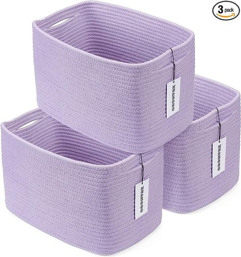 Amazon.com - Cotton Rope storage Basket Bins Woven Basket for Organizing Shelves Rectangle Decorative Baskets For storage Clothes Toys Books Towels Square Wicker Nursery basket organizer 3 pack purple lavender - Purple Hamper, Wicker Nursery, Organizing Shelves, Nursery Basket, Rope Storage Basket, Purple Room Decor, Baskets For Storage, Towel Basket, Storage Clothes