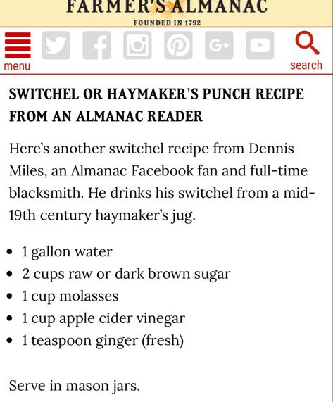 Haymakers Punch, Switchel Recipe, Punch Recipes, Molasses, Apple Cider Vinegar, Brown Sugar, Mason Jars, Drinks