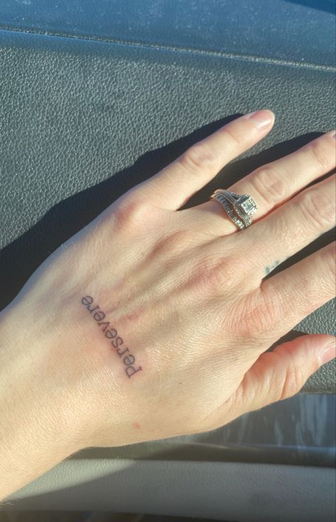 Persevere Tattoo, Small Hand Tattoos, Hand Tattoo, Small Hands, Fish Tattoos, Jesus Fish Tattoo, Hand Tattoos, Small Tattoos, Tattoo Quotes