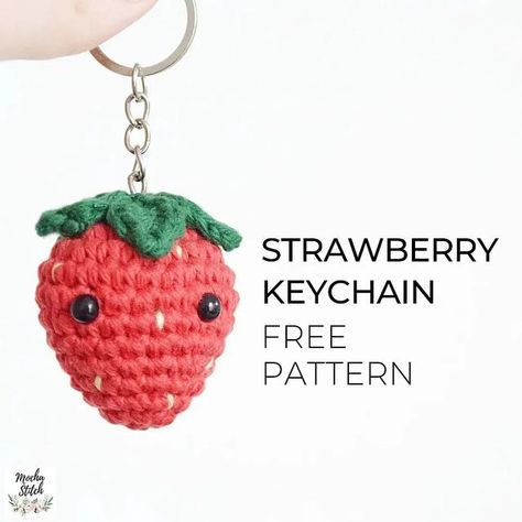 Crochet Keyring Free Pattern, Plushies Crochet, Elf Hats, Animal Plushies, Easy Crochet Animals, Crochet Strawberry, Strawberry Pattern, Crochet Keychain Pattern, Pola Amigurumi