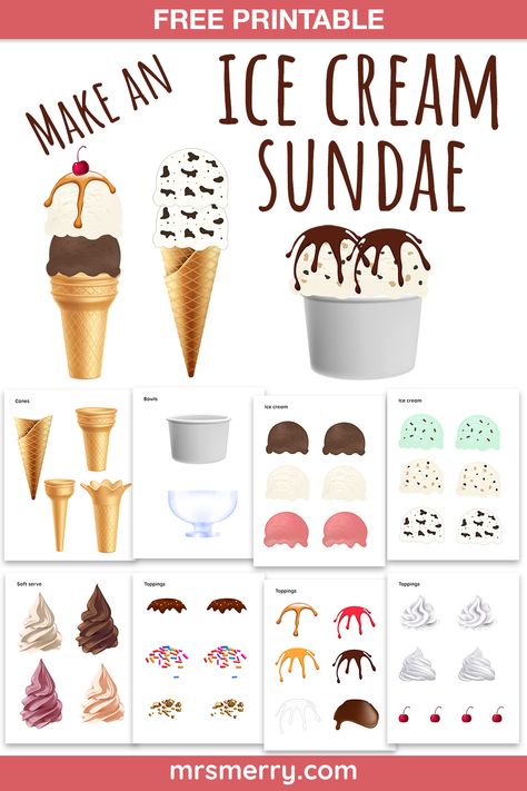 Our ice cream craft free printable is an awesome diy kid activity that will keep kids busy creating their very own ice cream sundae or cone. Comes with 8 pages of ice cream and toppings. #printablepapertoys #freeprintables #kidactivitiesprintables #papercraftkids #papercrafttemplates #kidspreschoolprintables #icecreamsundaecraft #kidscraftsprintables #buildyourownfood Ice Cream Printable, Ice Cream Craft, Easy Diy Kids, Make Your Own Ice Cream, Ice Cream Crafts, Paper Toy Printable, Diy Kid Activities, Keep Kids Busy, Ice Cream Theme